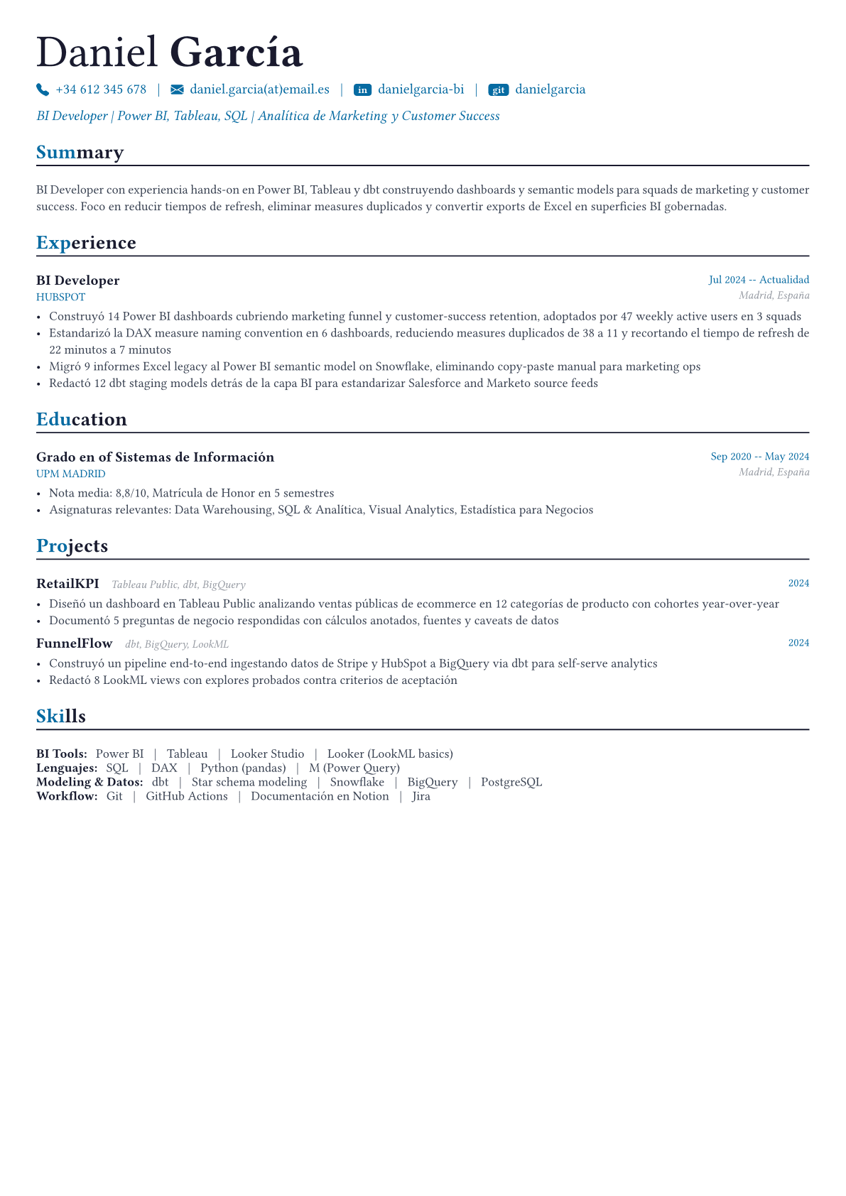 BI Developer ejemplo de CV