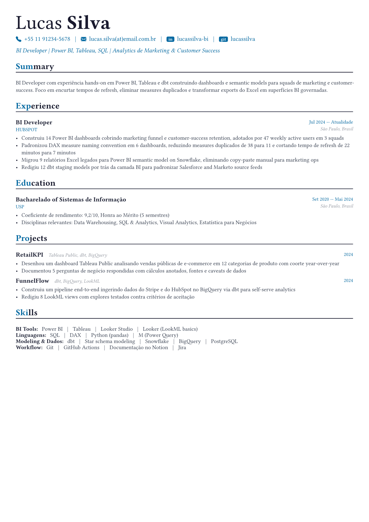 BI Developer exemplo de currículo
