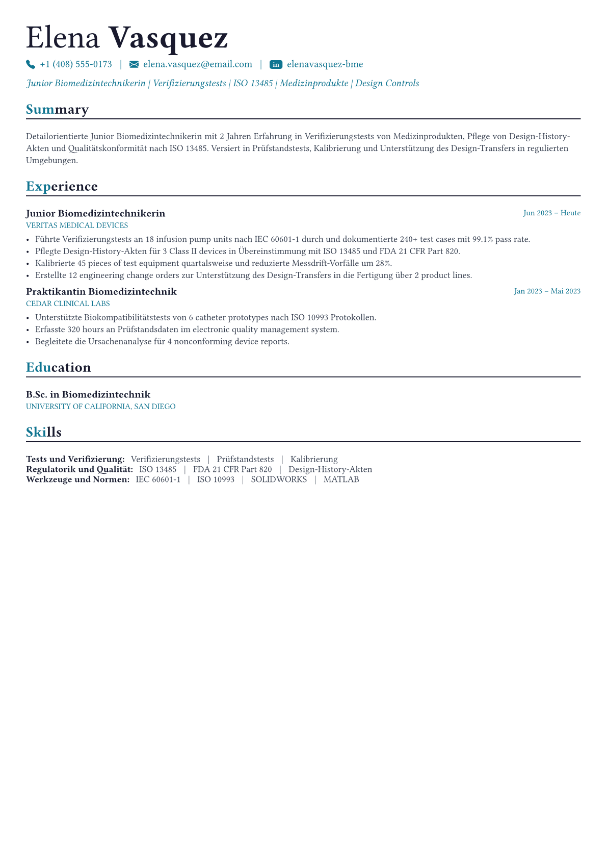 Biomedical Engineer Lebenslauf-Beispiel
