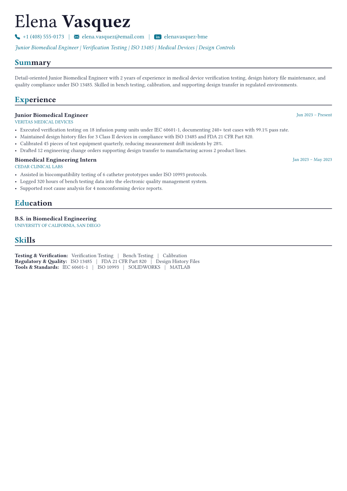 Biomedical Engineer resume example