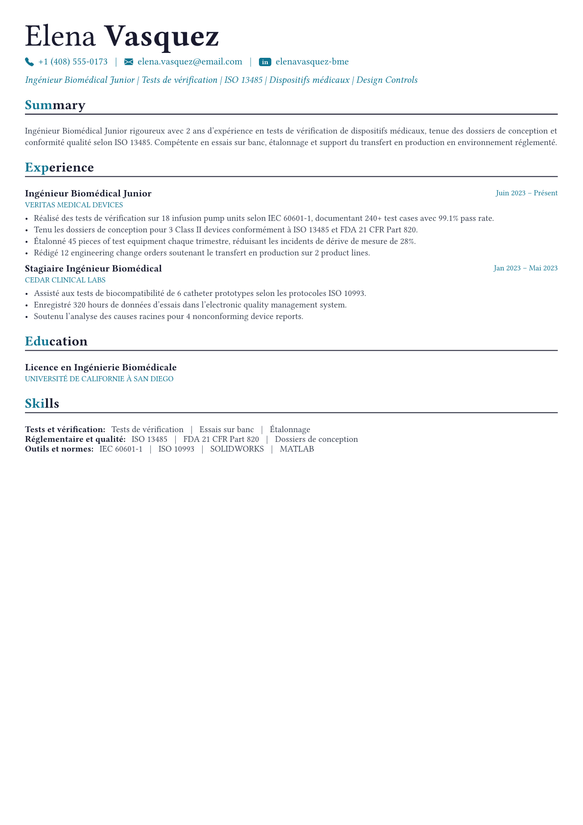 Biomedical Engineer exemple de CV