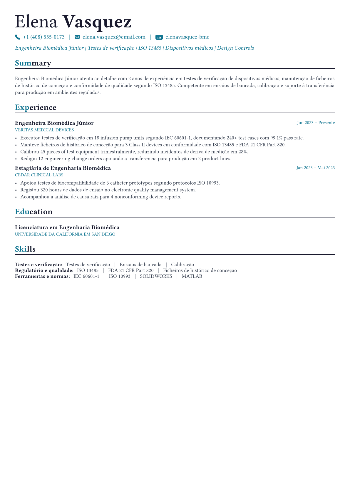 Biomedical Engineer exemplo de currículo