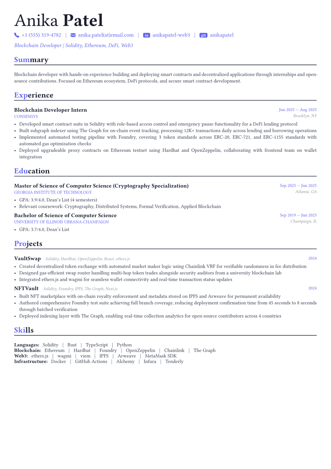 Desarrollador blockchain ejemplo de CV