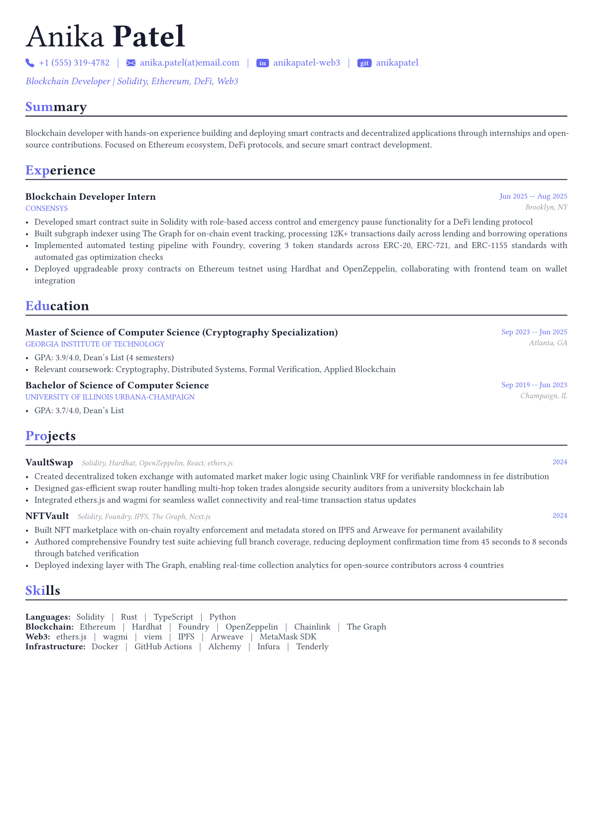 Blockchain Developer resume example