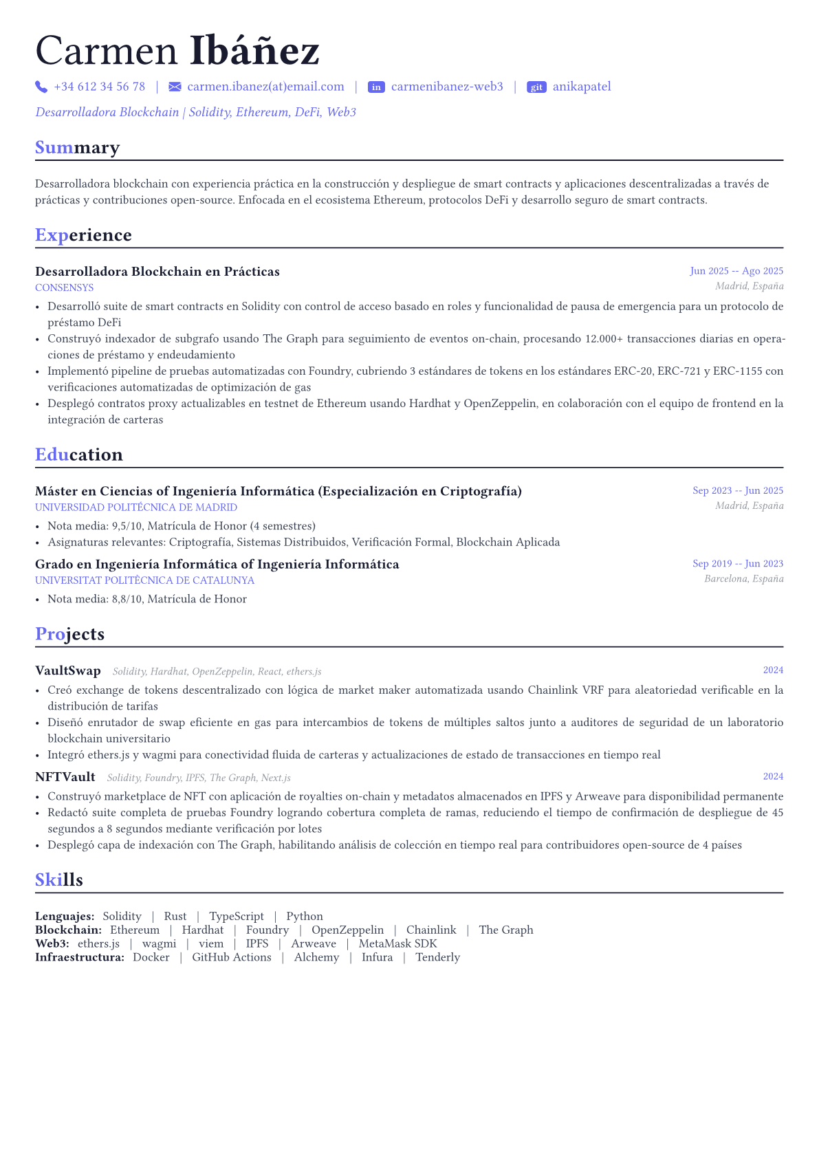Blockchain Developer ejemplo de CV