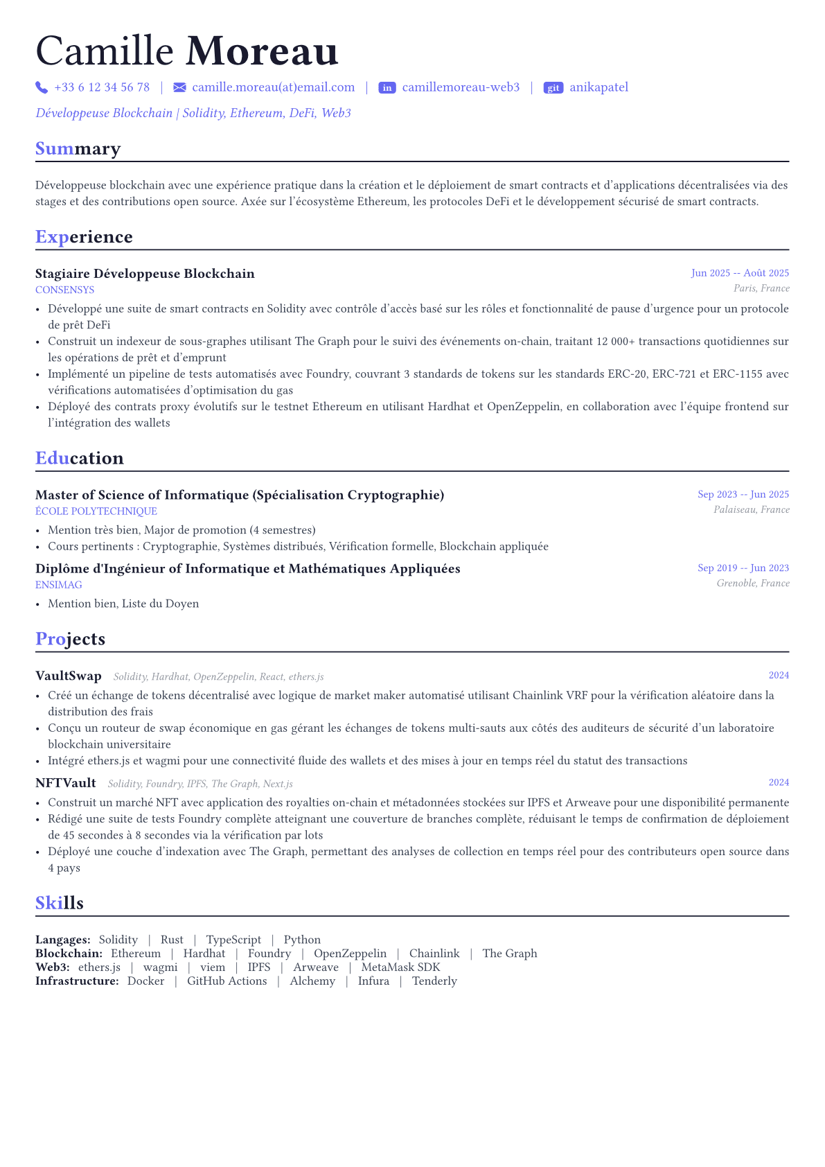 Blockchain Developer exemple de CV