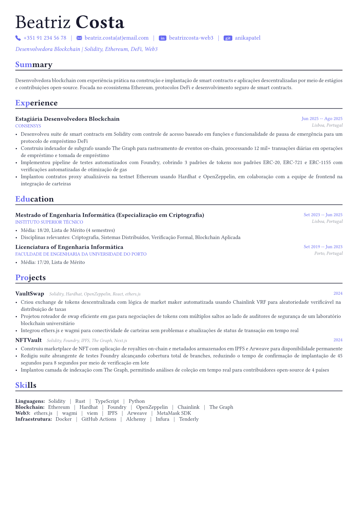 Blockchain Developer exemplo de currículo