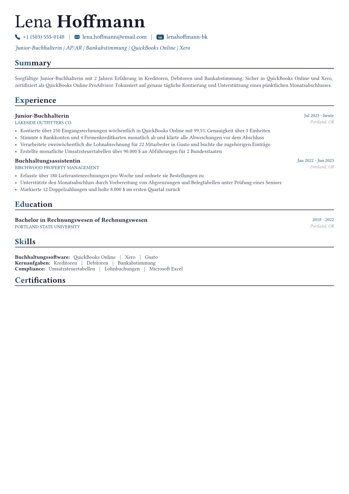 Bookkeeper Lebenslauf-Beispiel