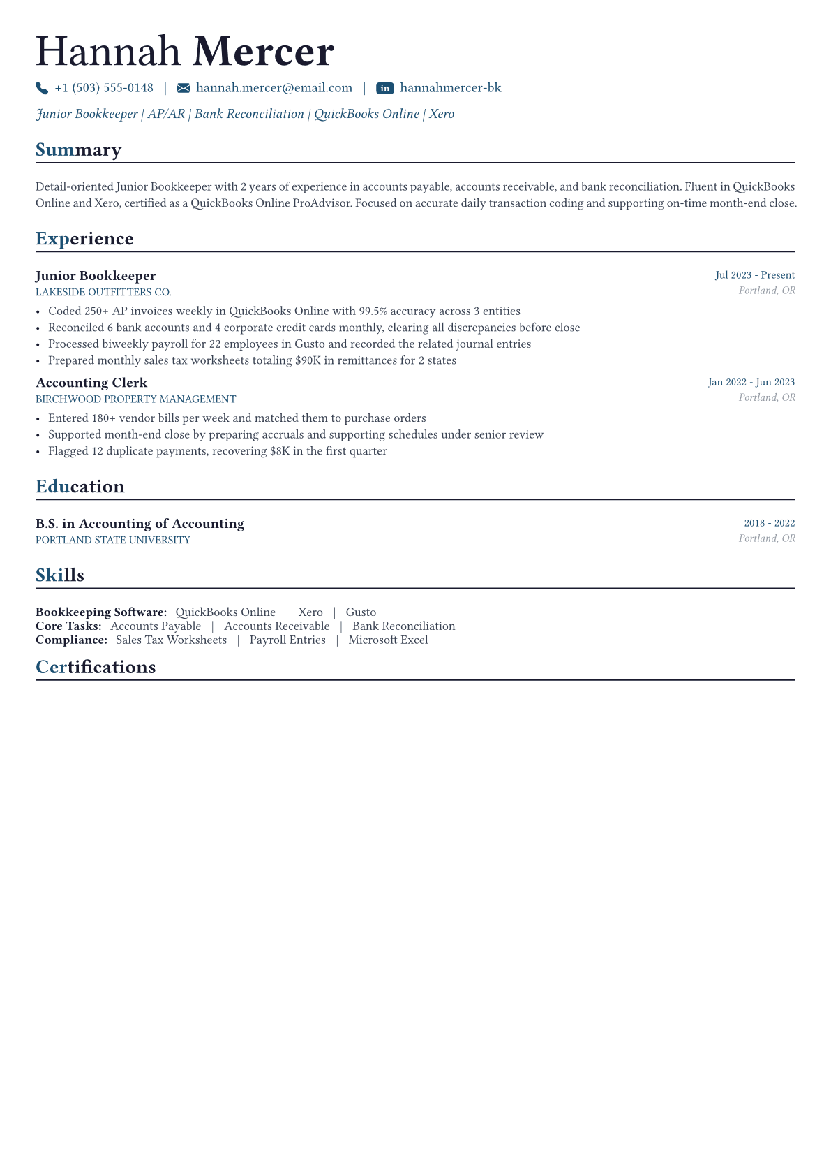 Bookkeeper resume example