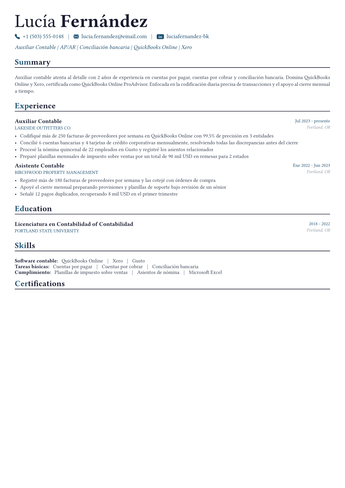 Bookkeeper ejemplo de CV