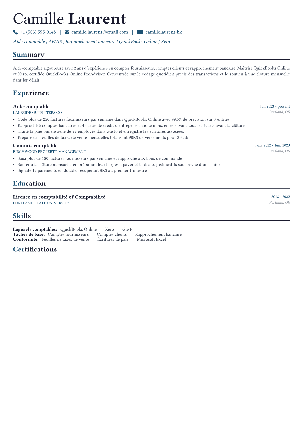 Bookkeeper exemple de CV