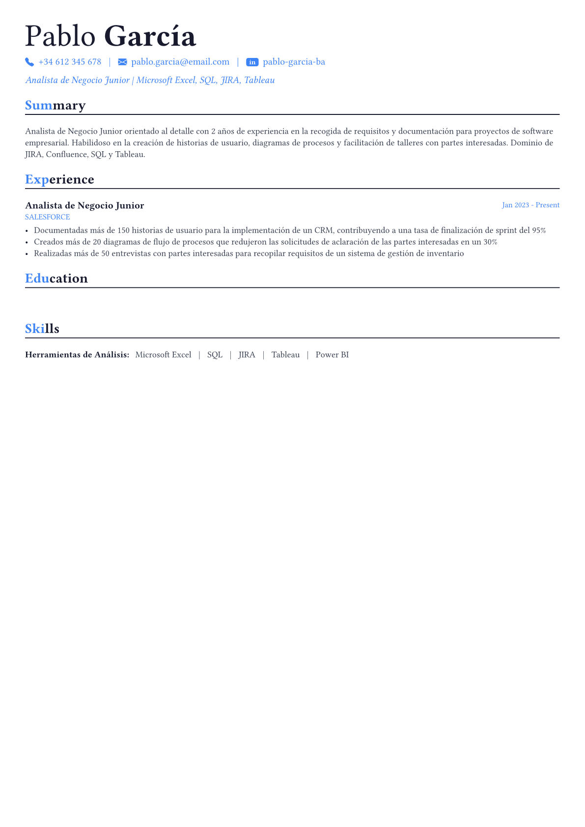Business Analyst ejemplo de CV