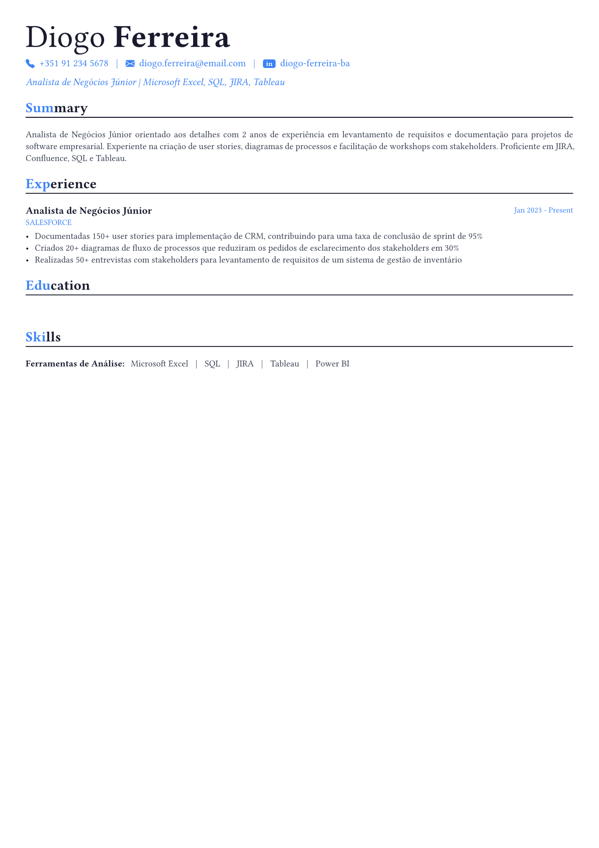 Business Analyst exemplo de currículo
