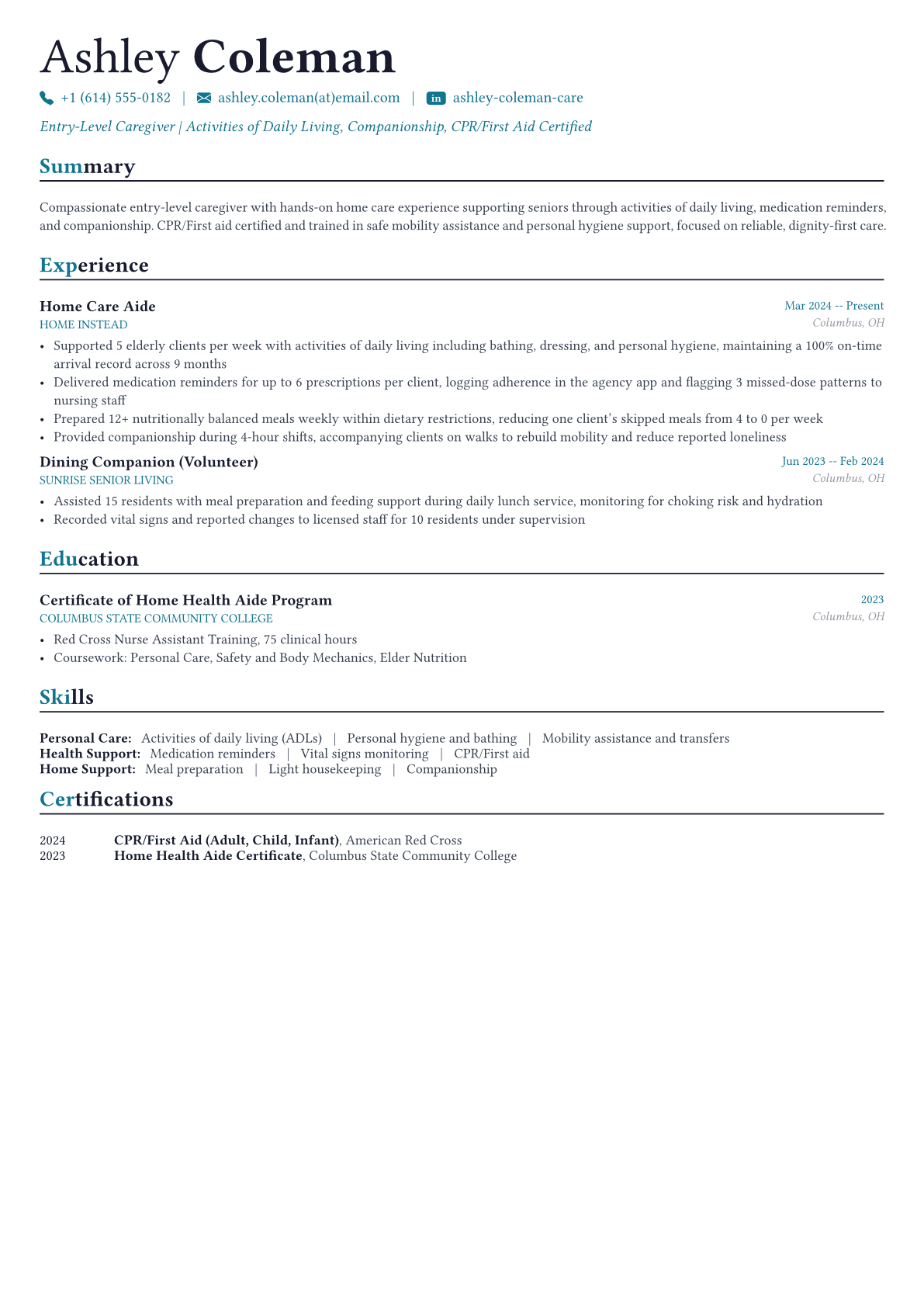 Caregiver resume example