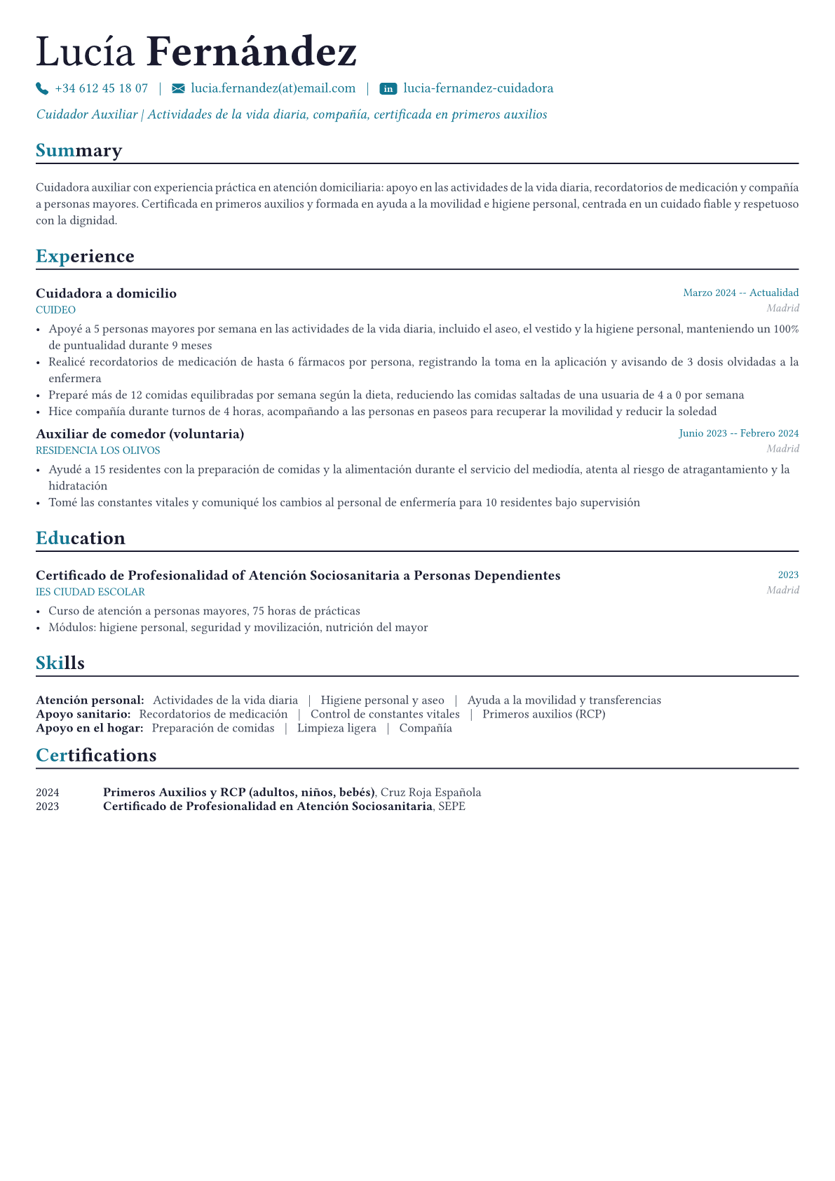 Cuidador ejemplo de CV