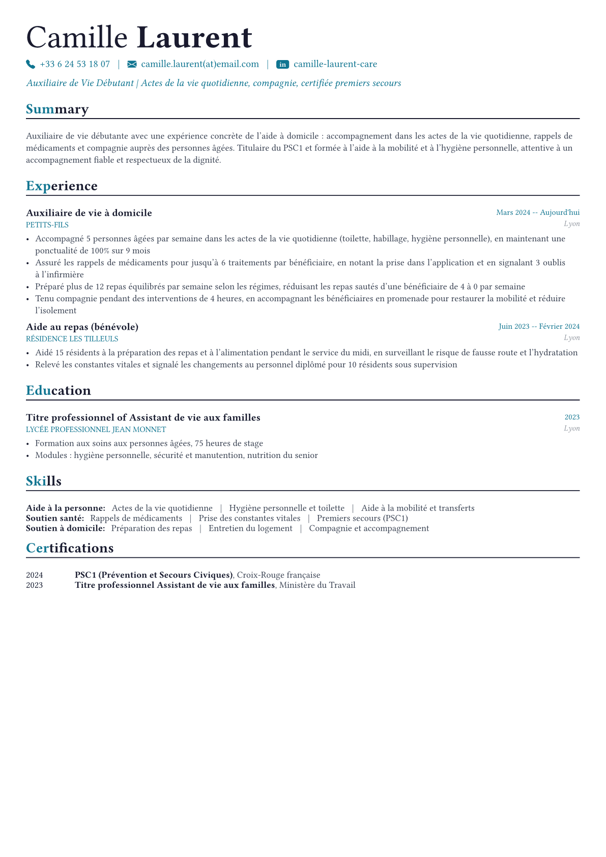 Auxiliaire de Vie exemple de CV
