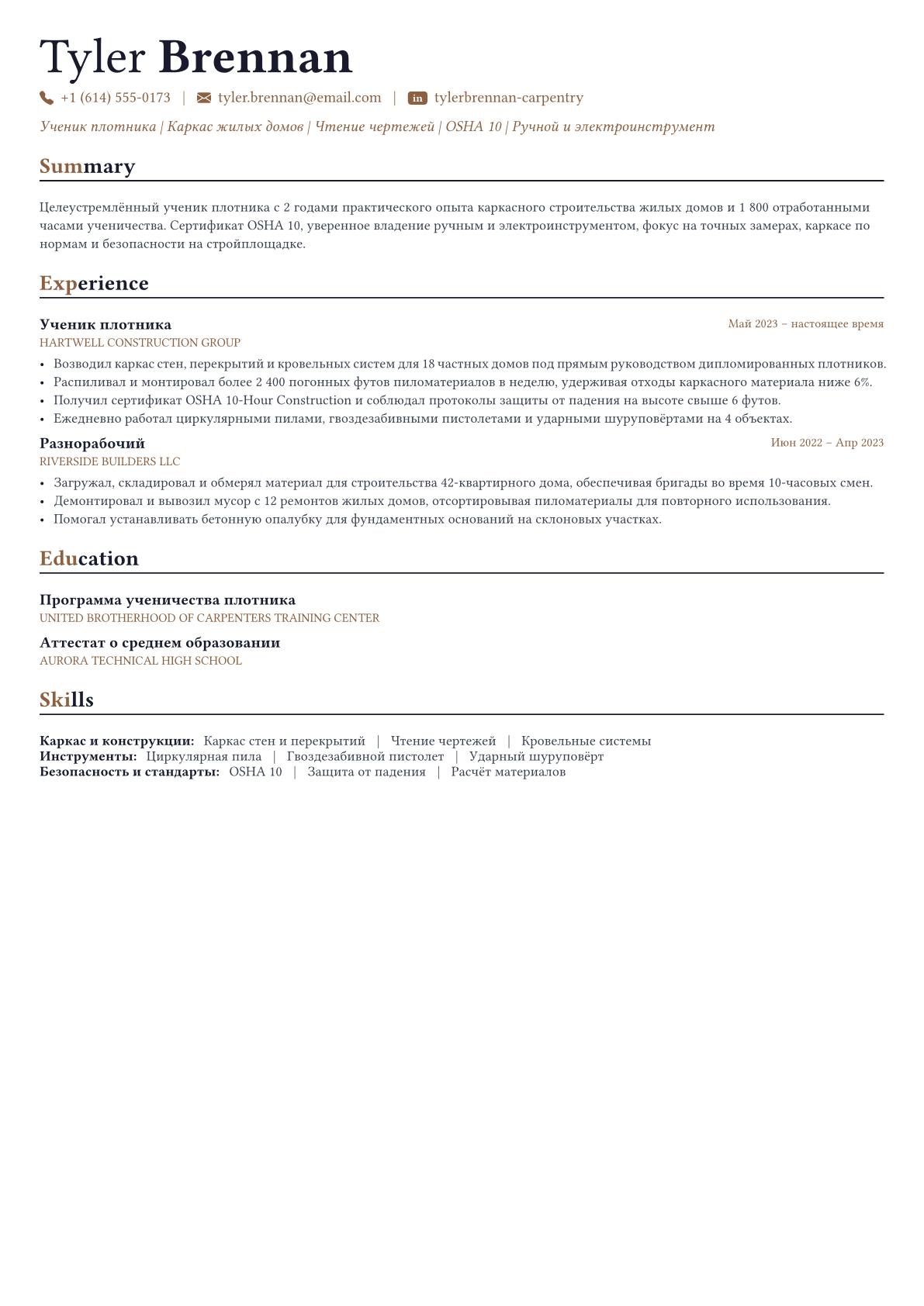 Плотник пример CV