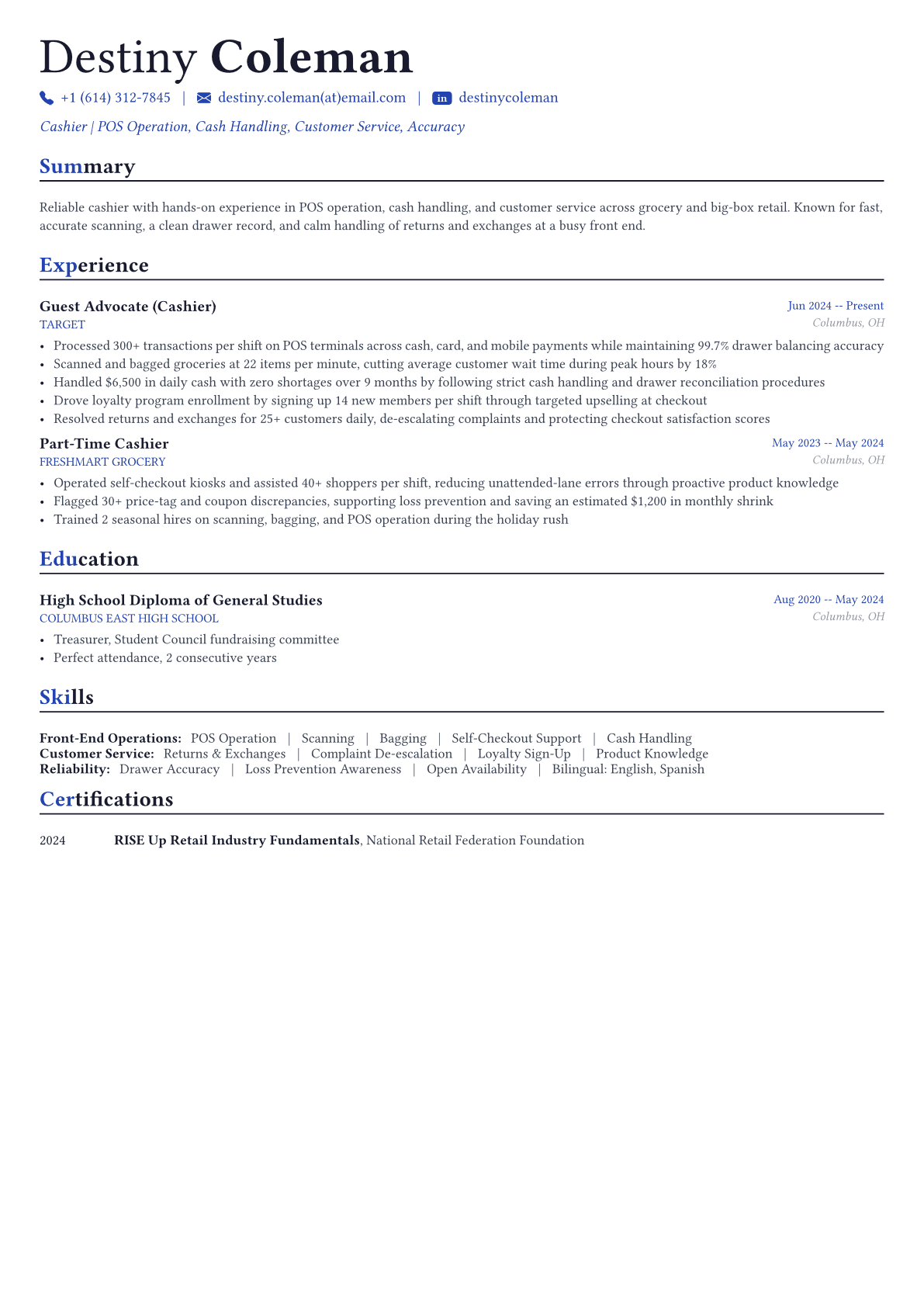 Cashier resume example