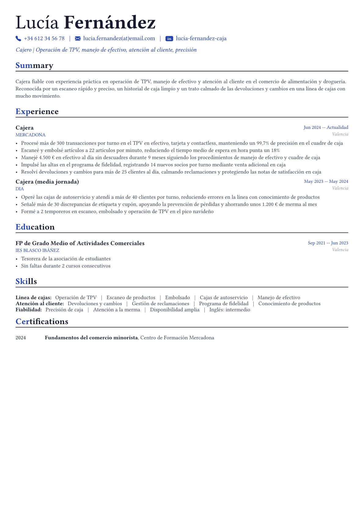 Cajero ejemplo de CV