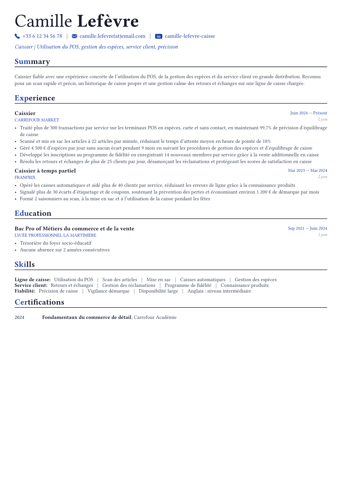 Caissier exemple de CV