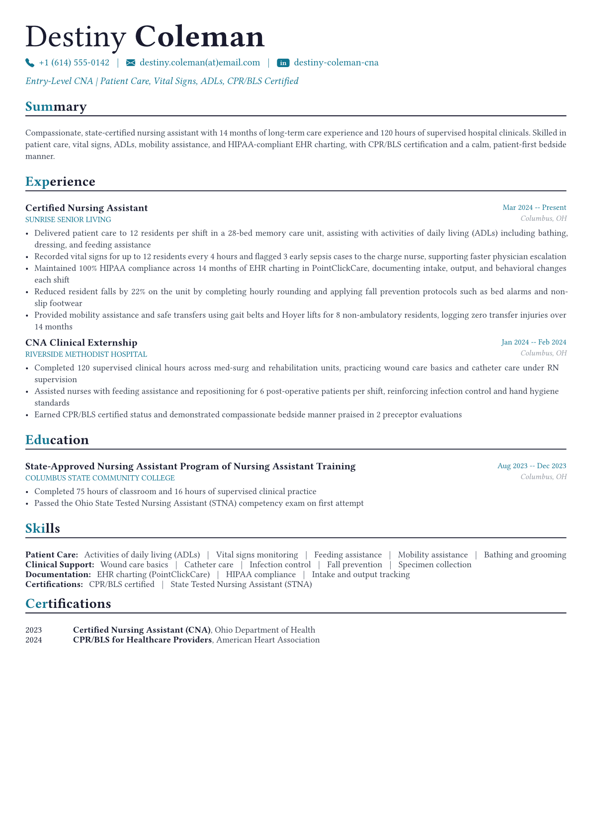 Certified Nursing Assistant resume example