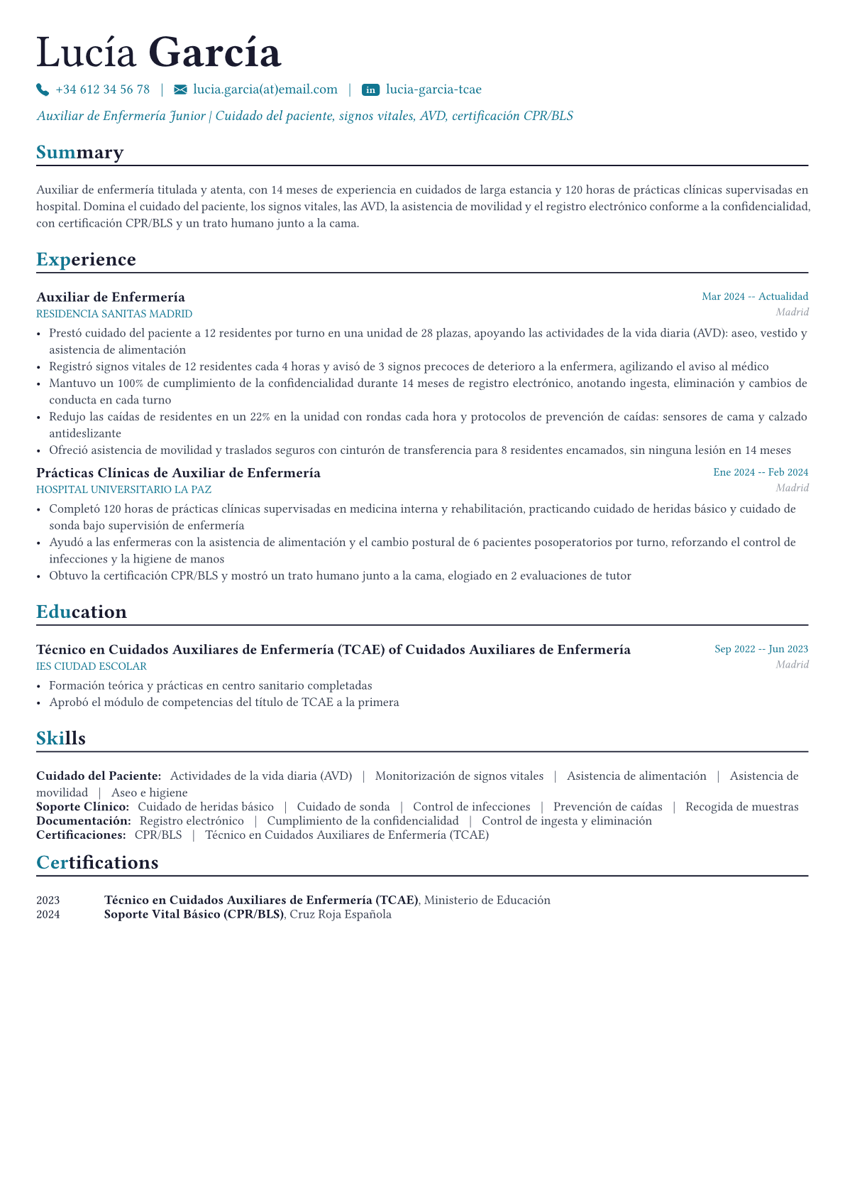 Auxiliar de Enfermería ejemplo de CV