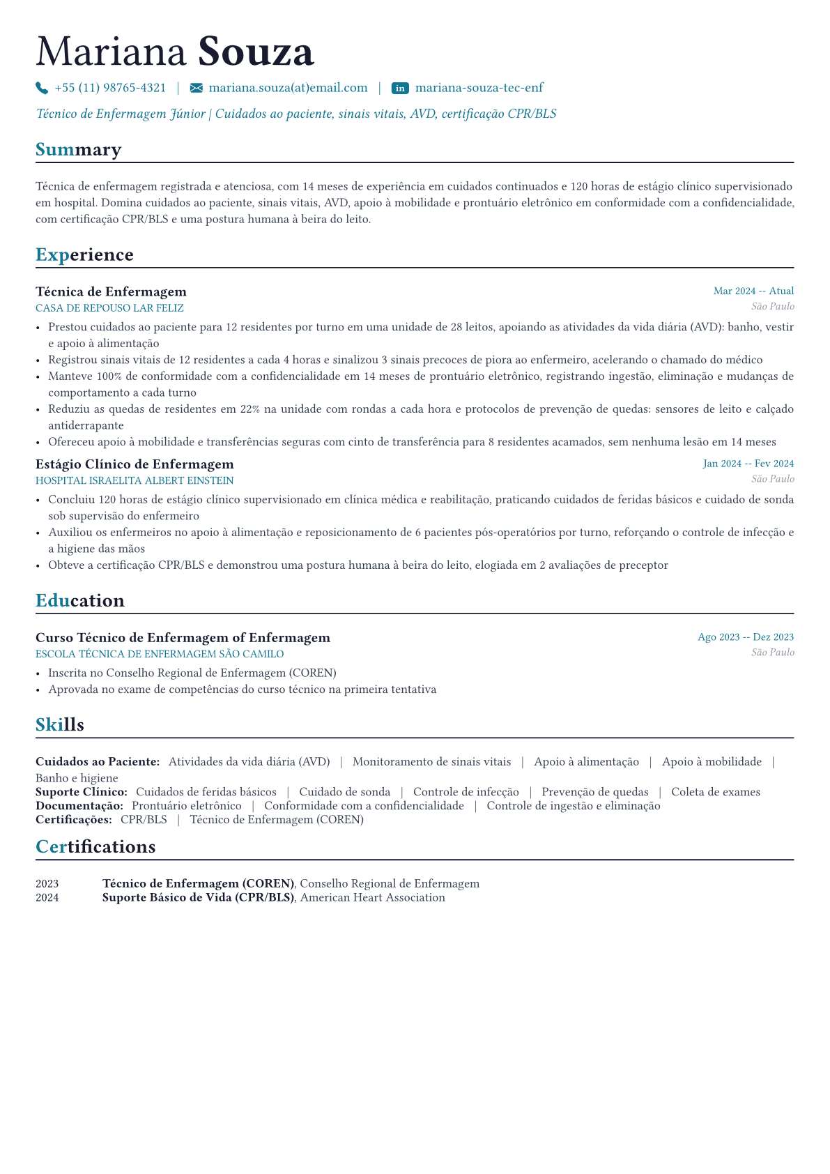 Técnico de Enfermagem exemplo de currículo