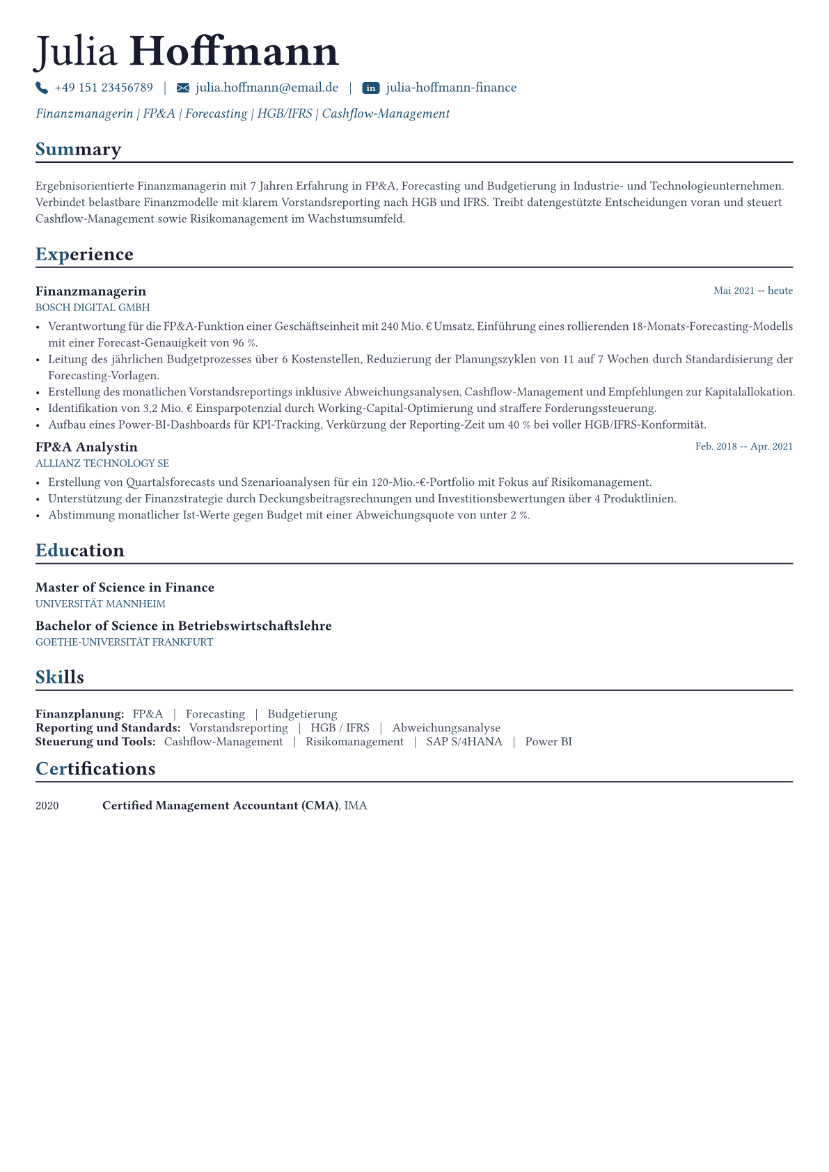 Finanzvorstand (CFO) Lebenslauf-Beispiel