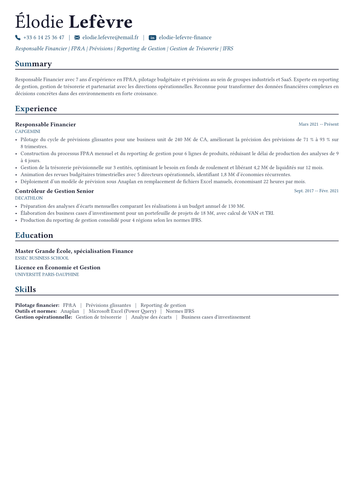 Directeur Financier exemple de CV