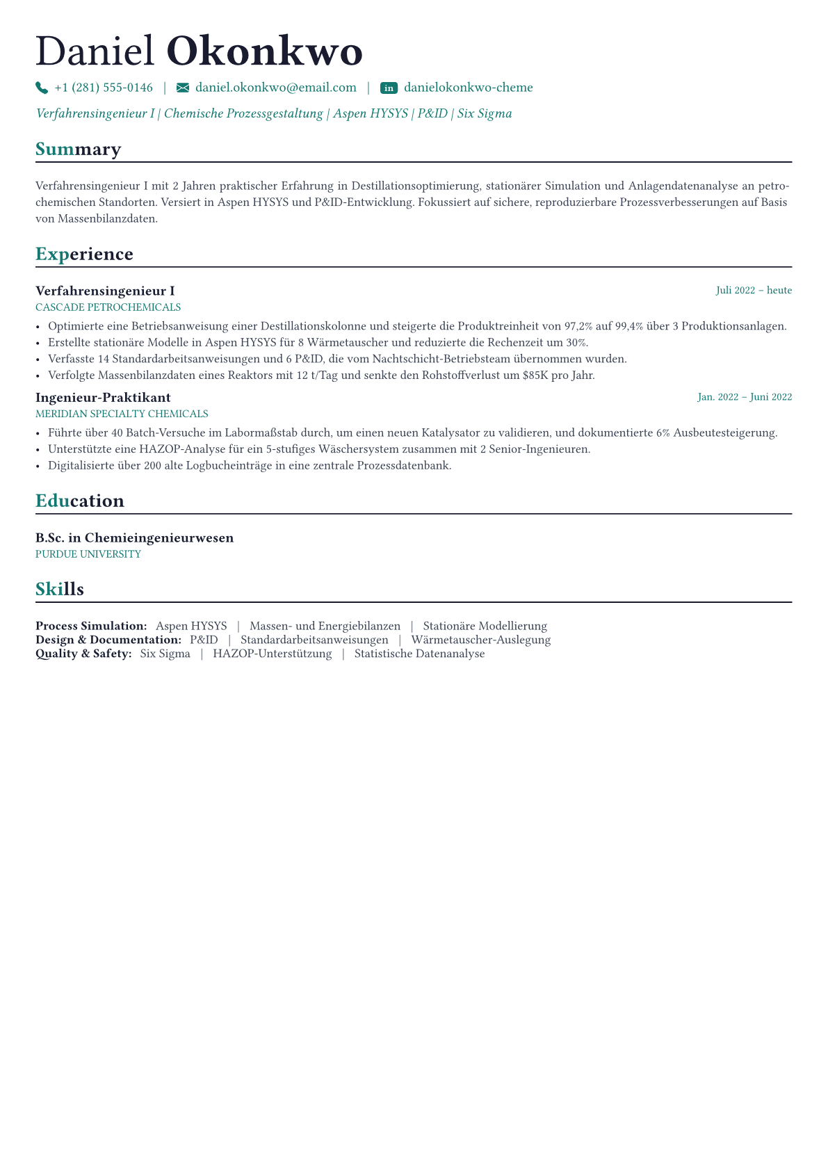 Chemical Engineer Lebenslauf-Beispiel