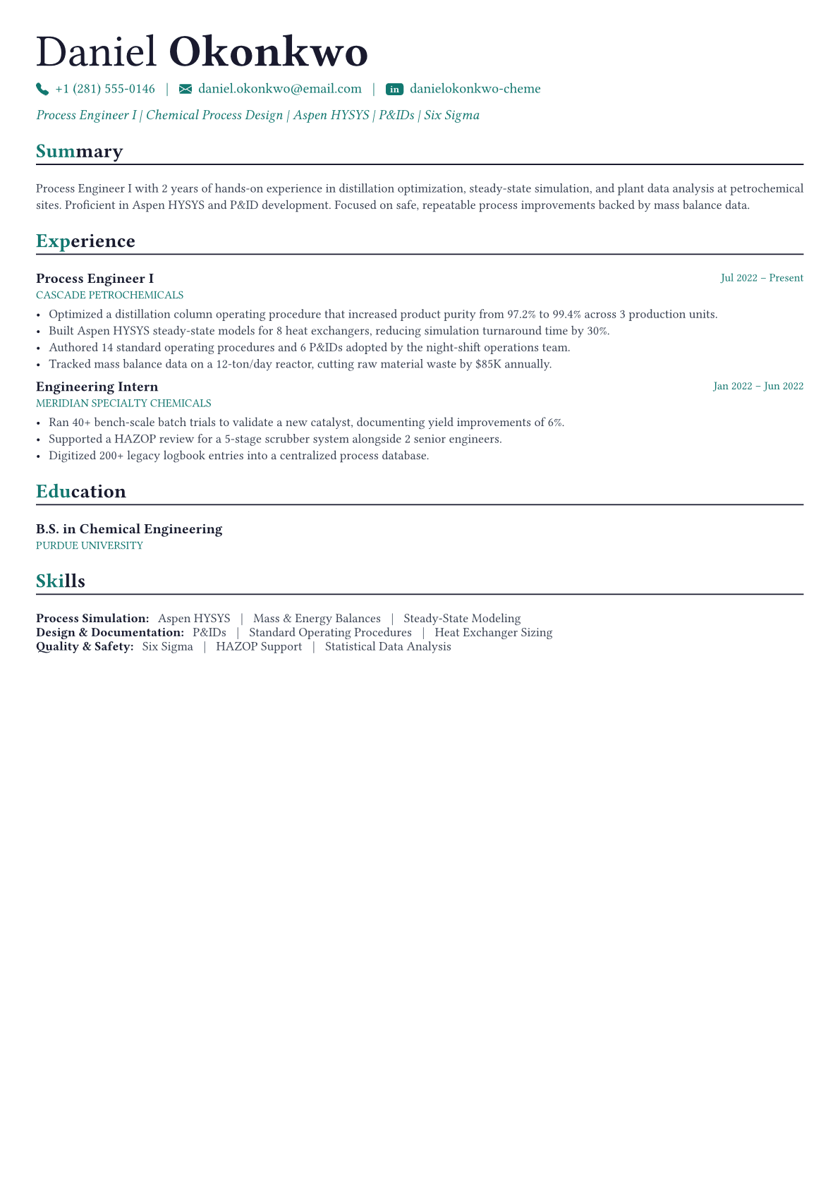 Chemical Engineer resume example