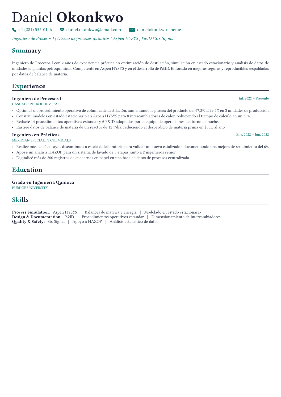 Chemical Engineer ejemplo de CV