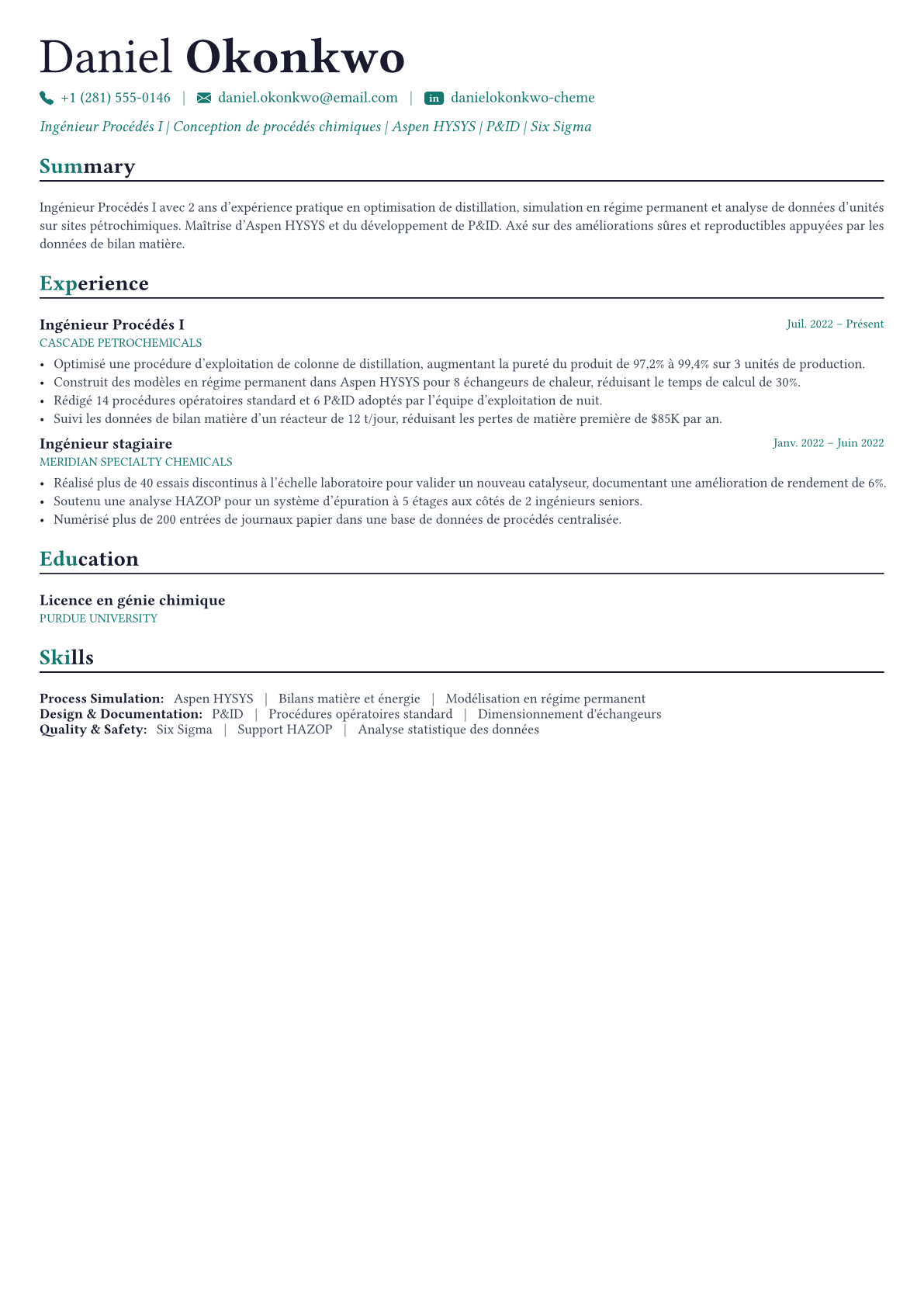 Chemical Engineer exemple de CV