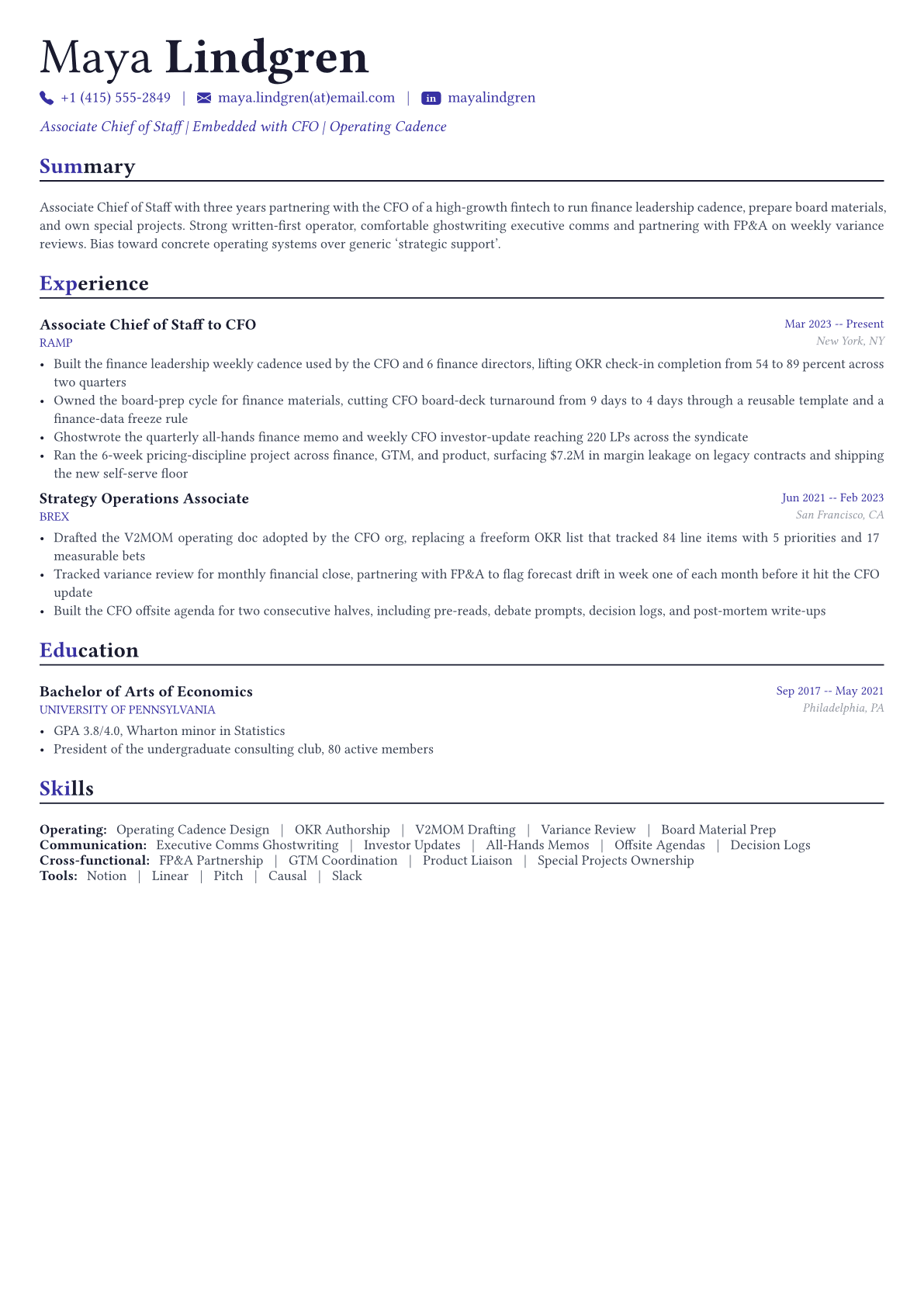 Chief of Staff resume example