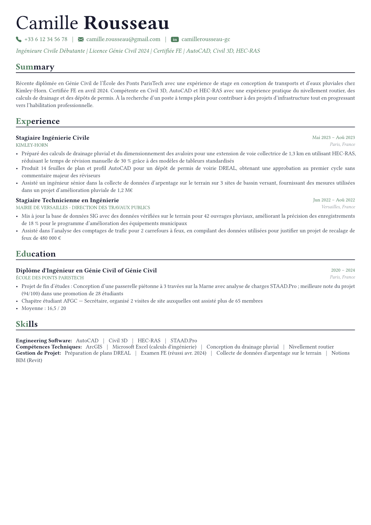 Civil Engineer exemple de CV
