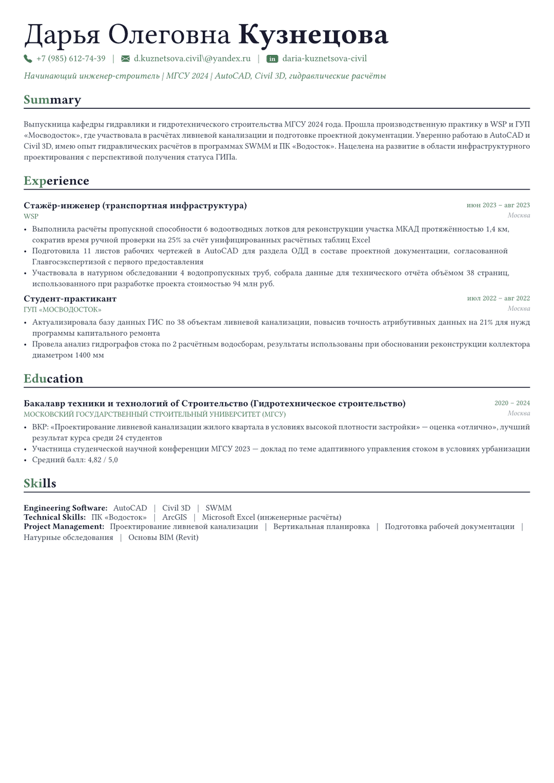 Инженер-строитель пример CV