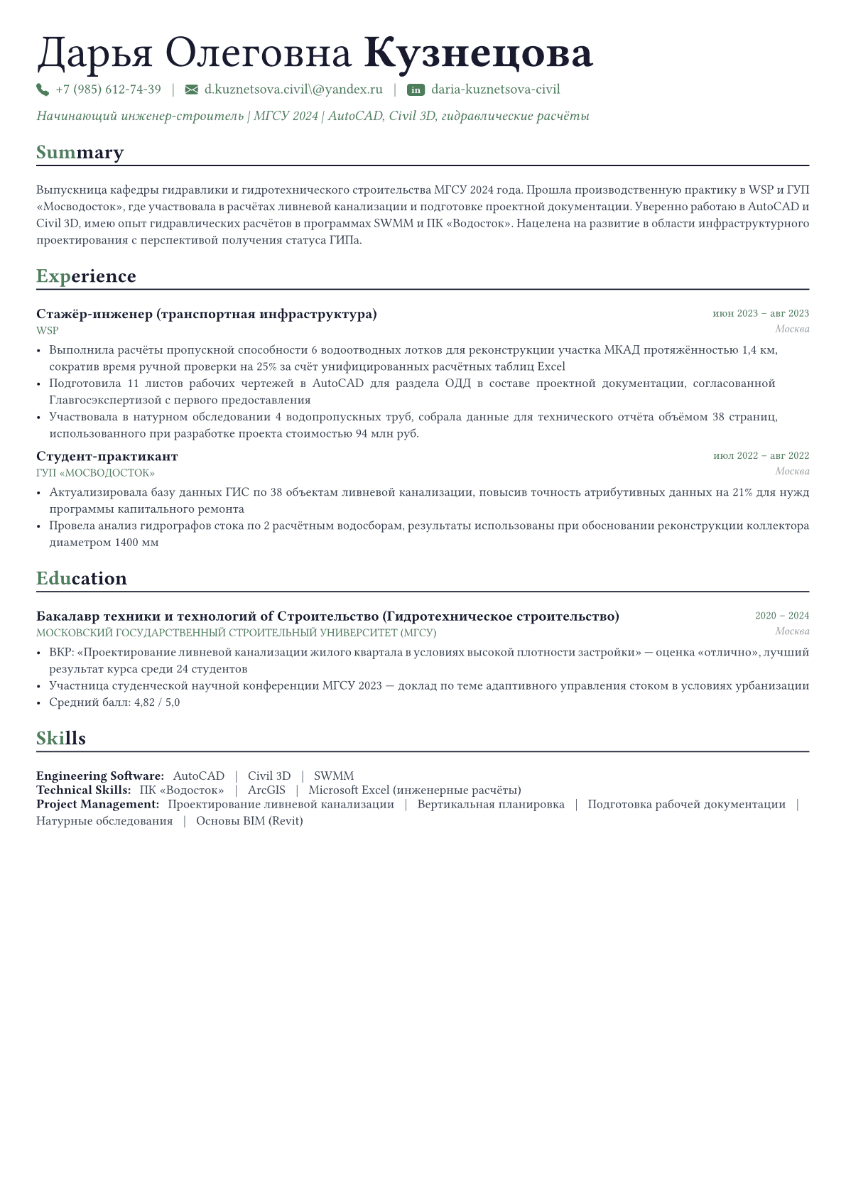 Инженер-строитель пример CV