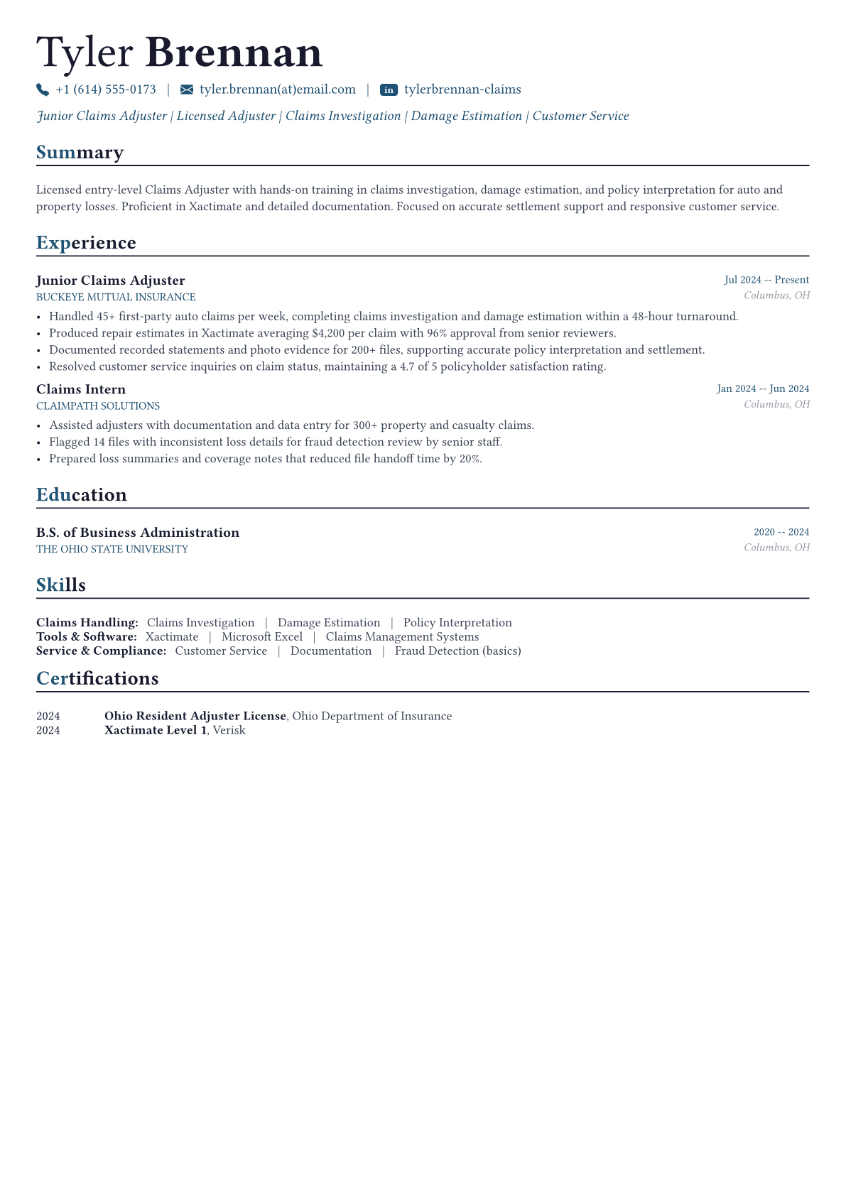 Claims Adjuster resume example
