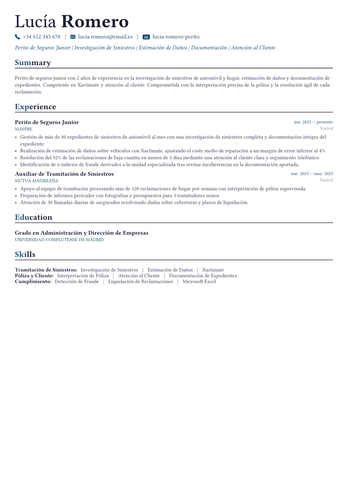 Perito de Seguros ejemplo de CV