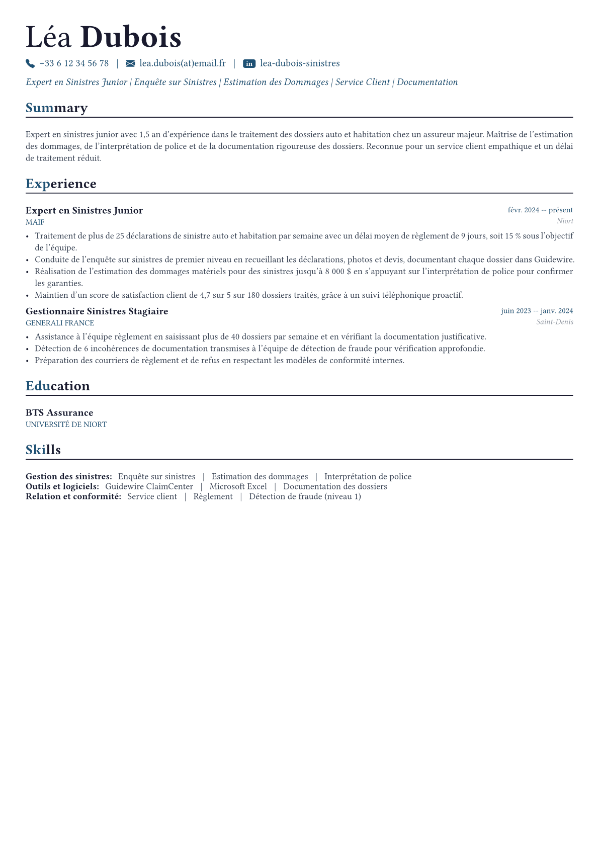 Expert en Sinistres exemple de CV