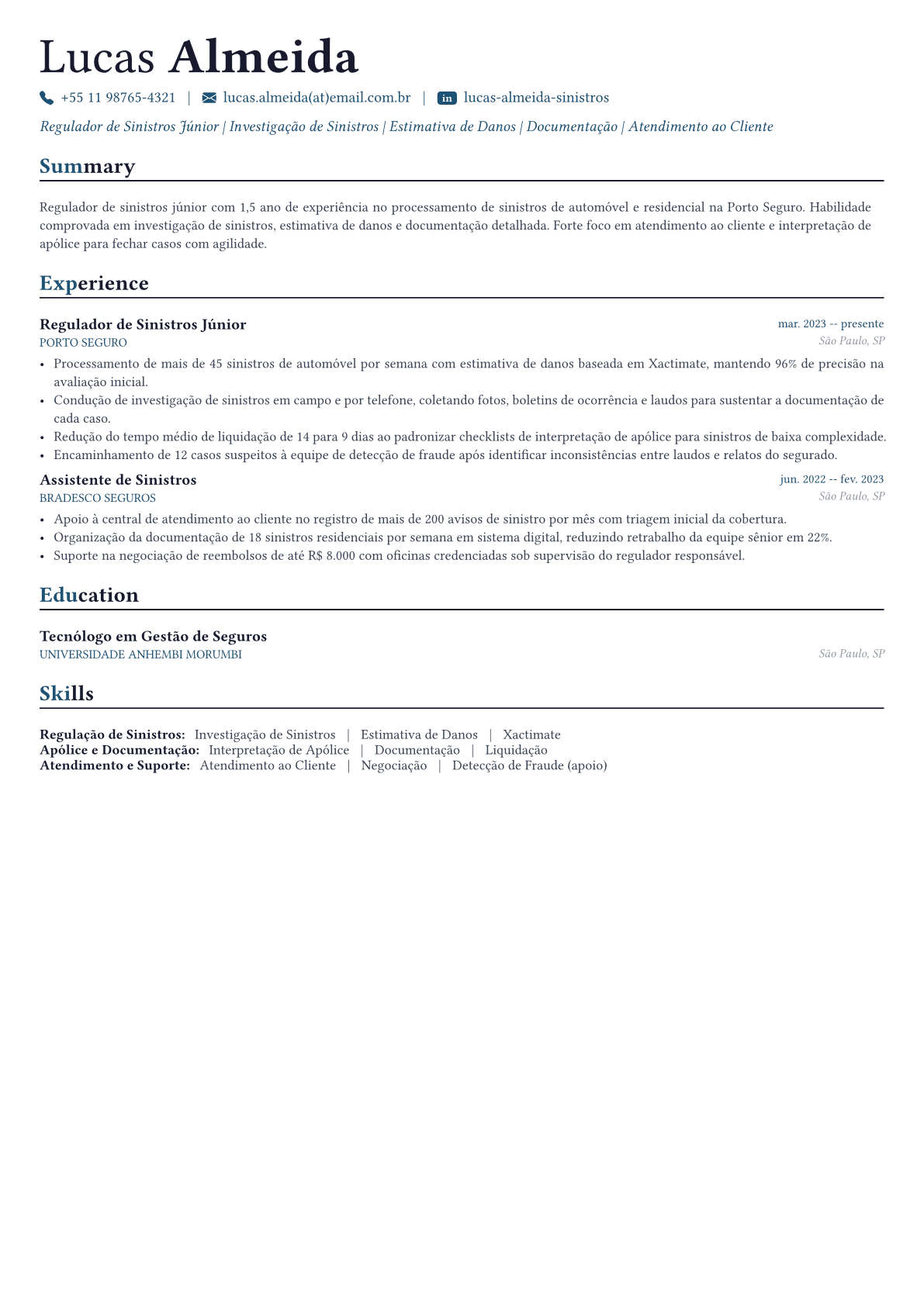Regulador de Sinistros exemplo de currículo