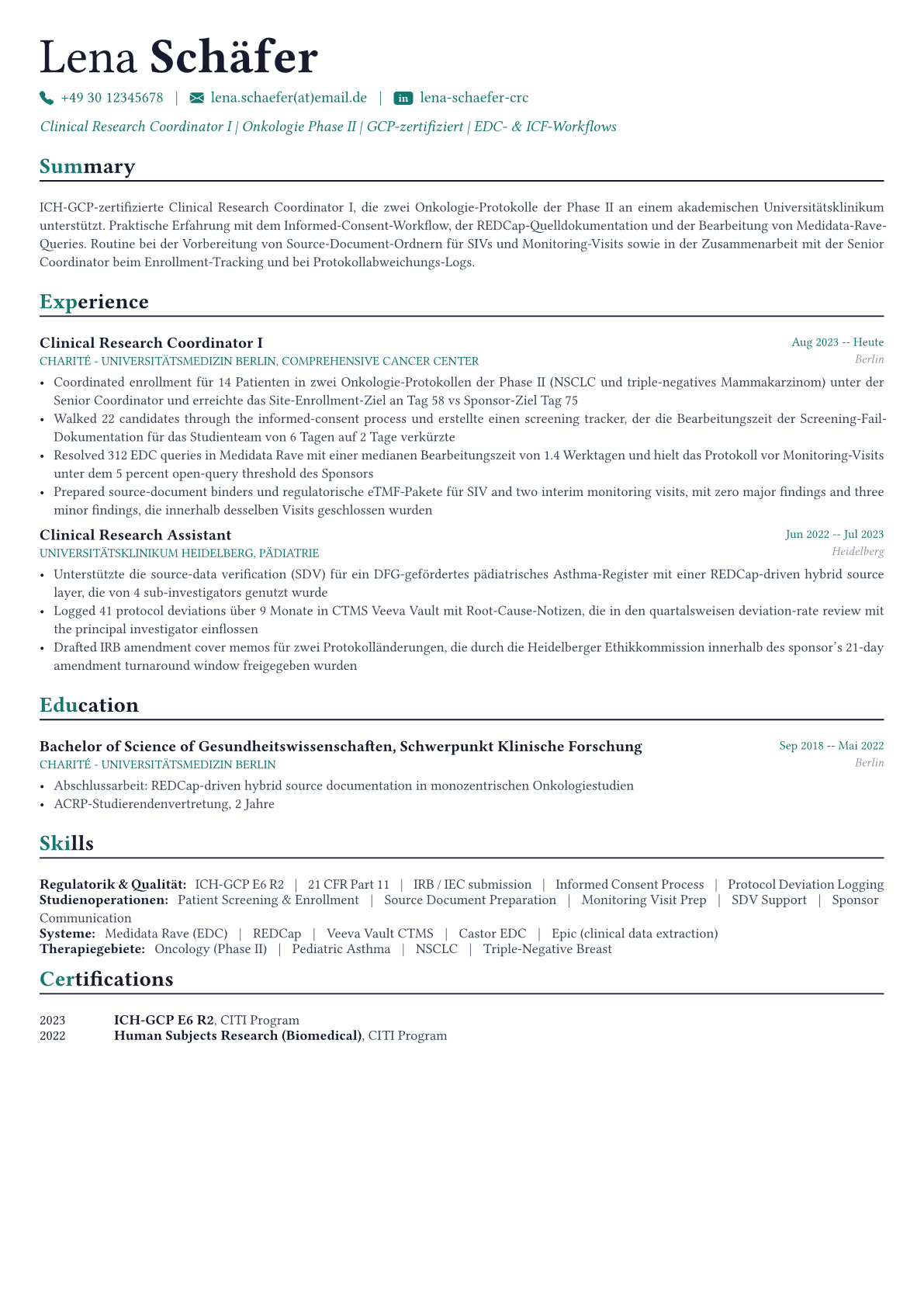 Clinical Research Coordinator Lebenslauf-Beispiel