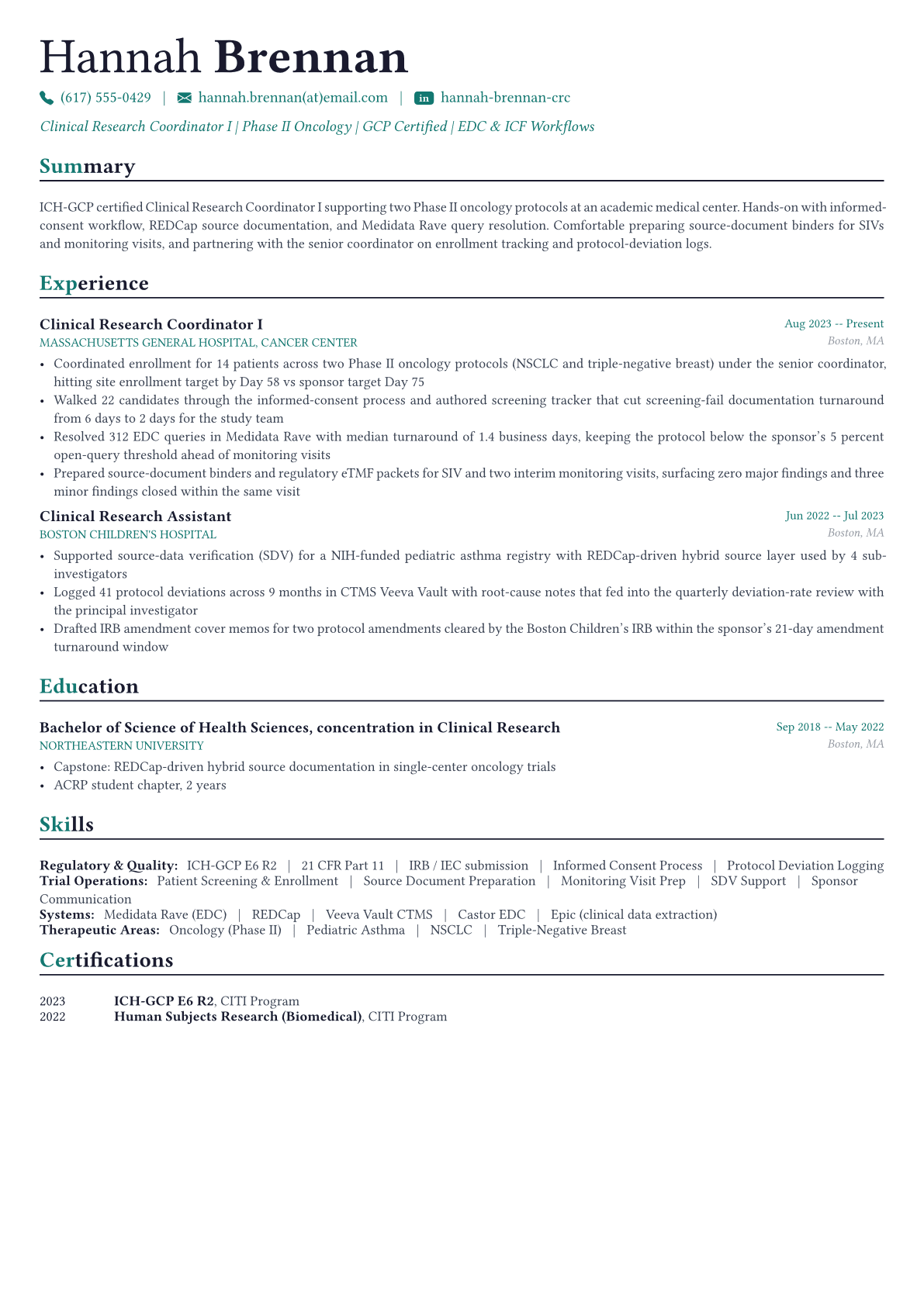 Clinical Research Coordinator resume example
