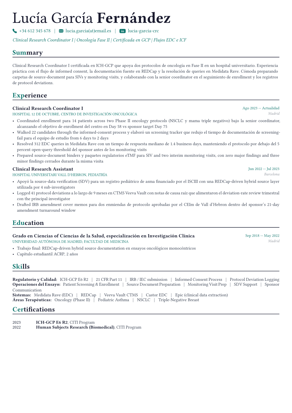 Clinical Research Coordinator ejemplo de CV
