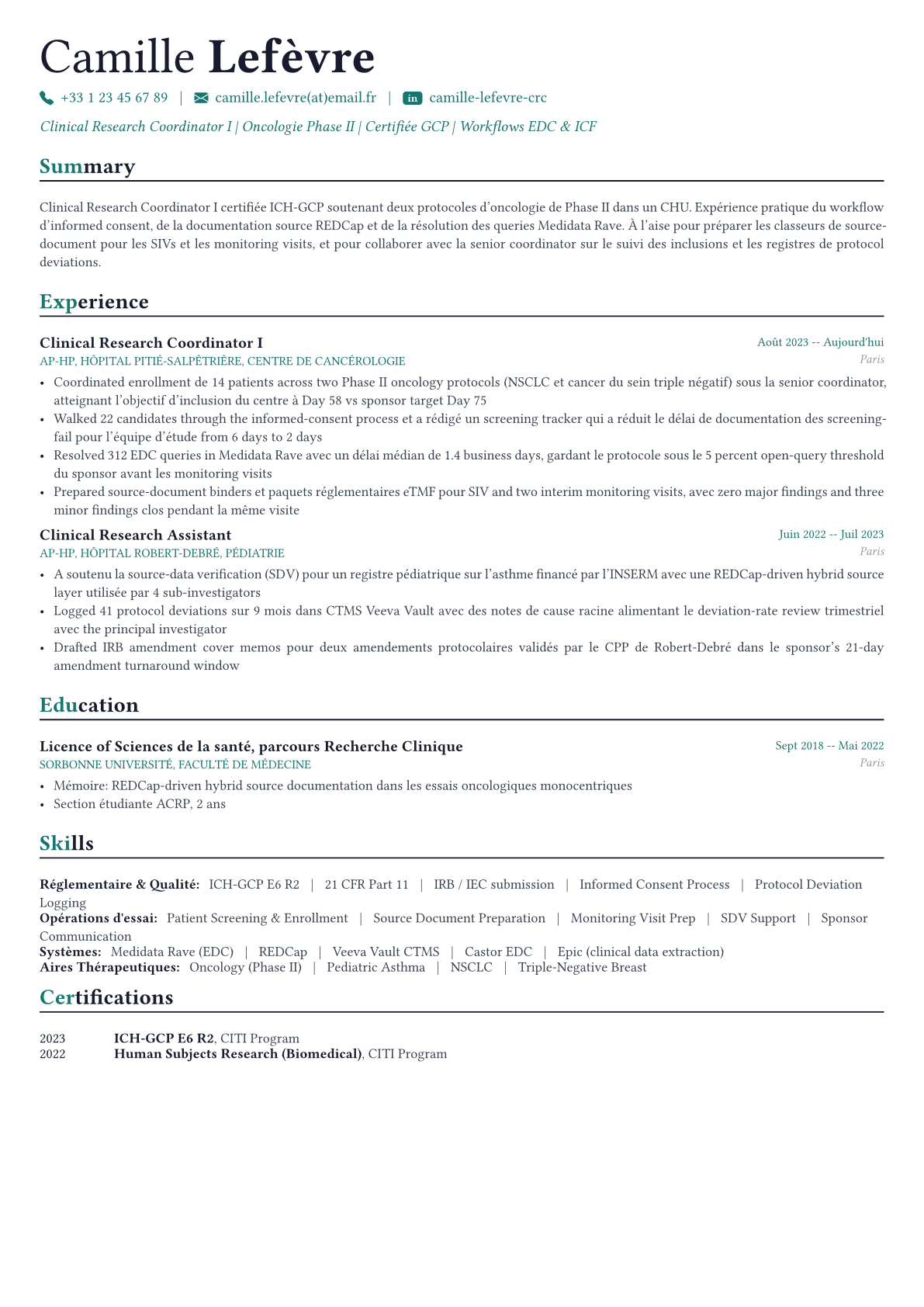 Clinical Research Coordinator exemple de CV