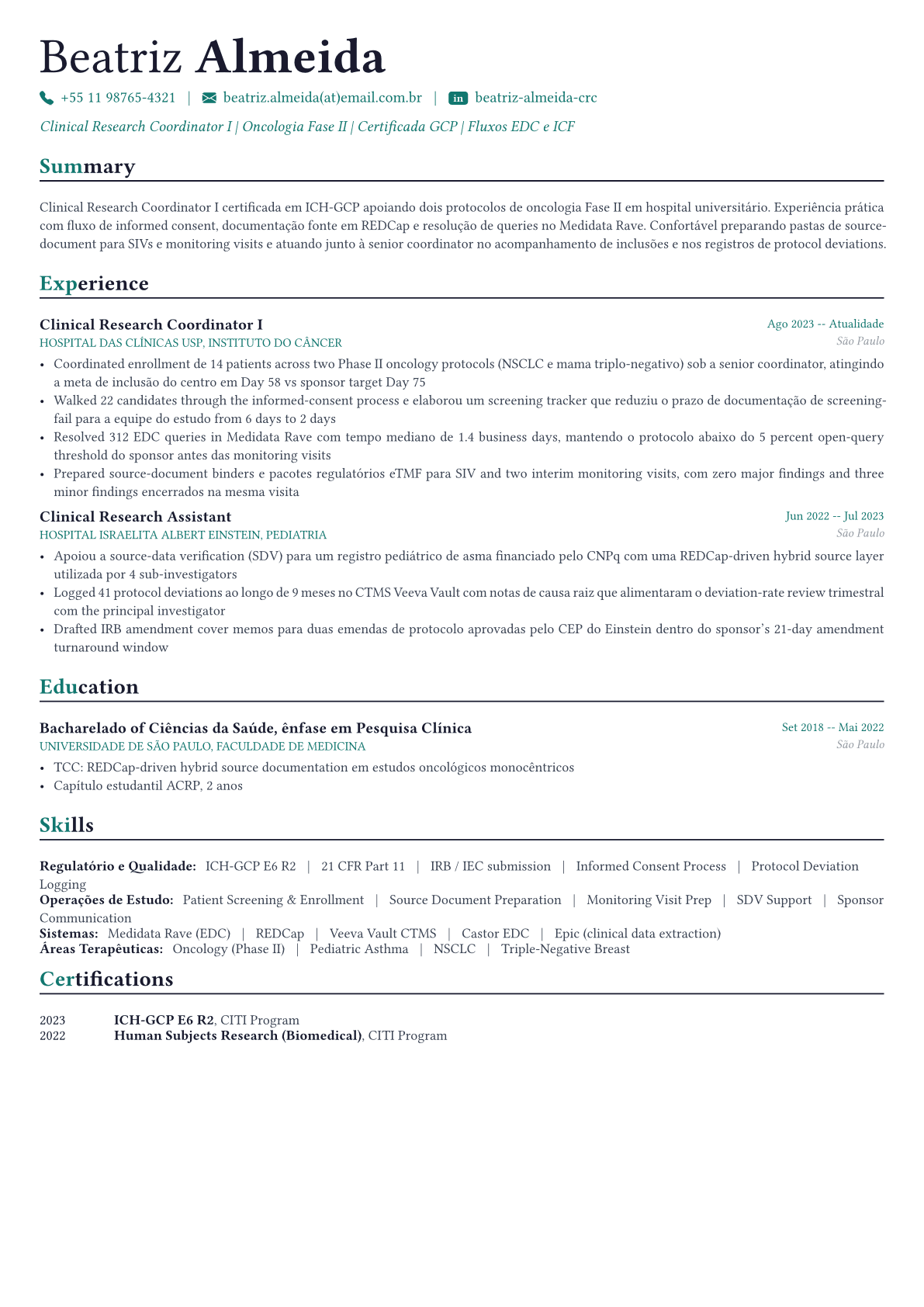 Clinical Research Coordinator exemplo de currículo