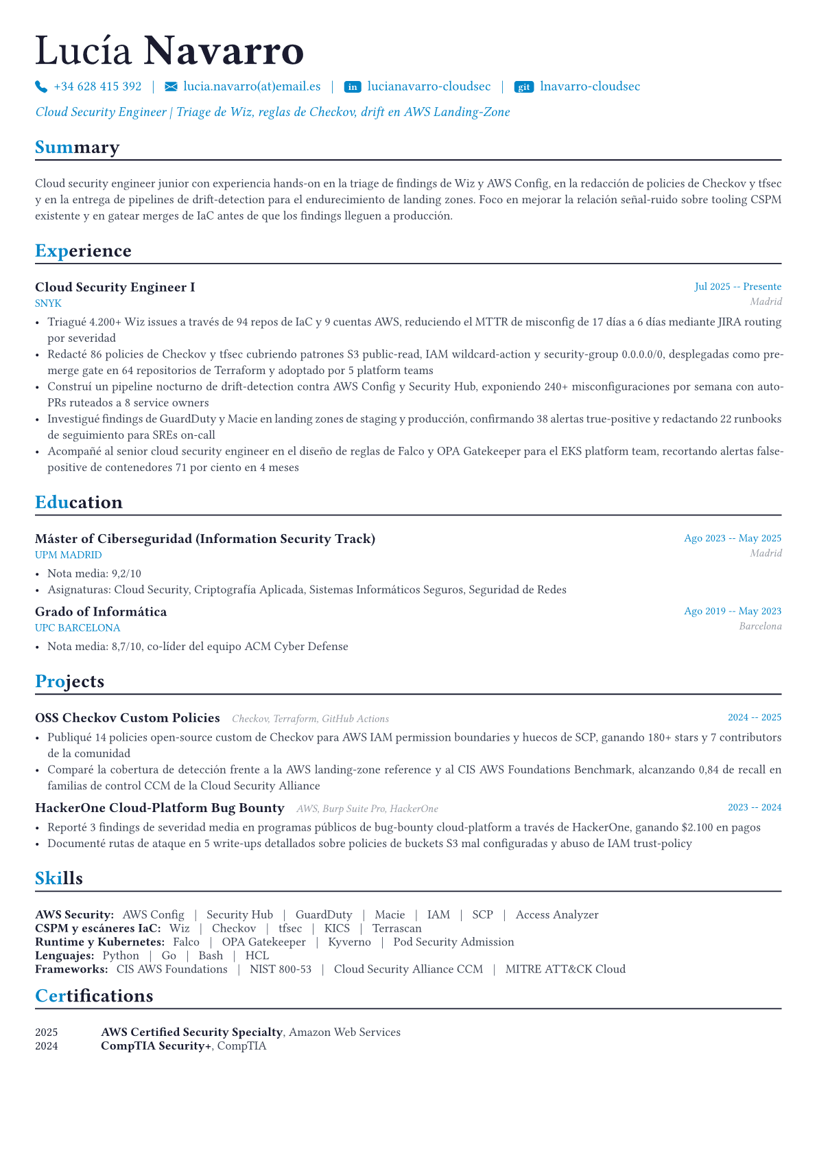 Cloud Security Engineer ejemplo de CV