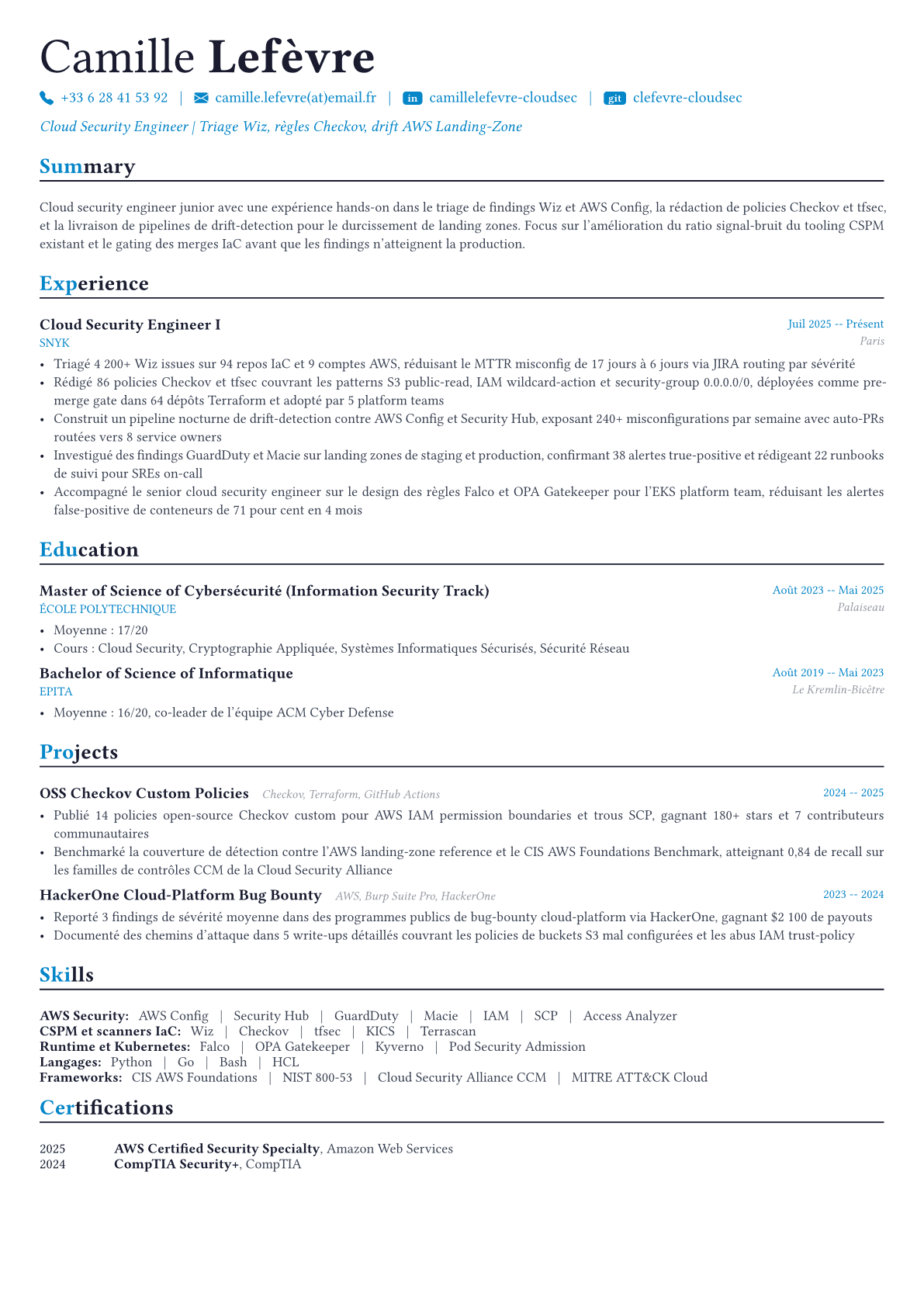 Cloud Security Engineer exemple de CV