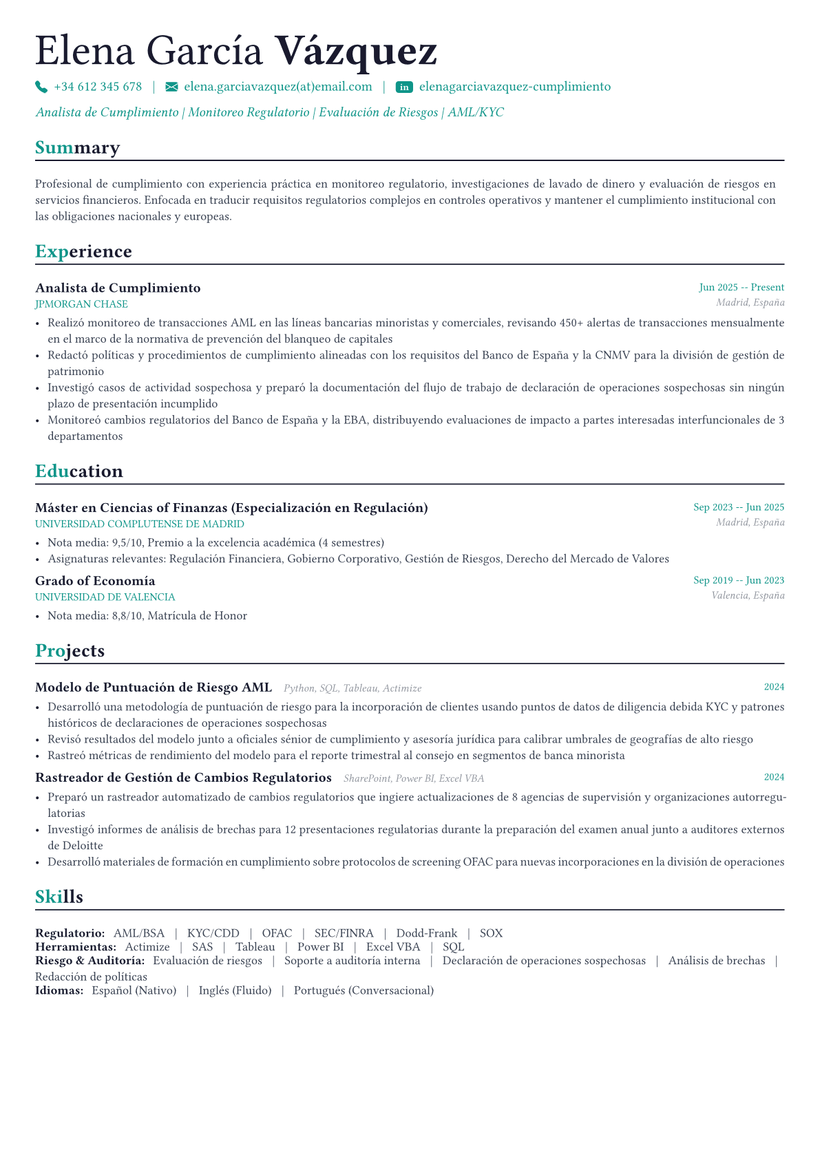 Compliance Officer ejemplo de CV