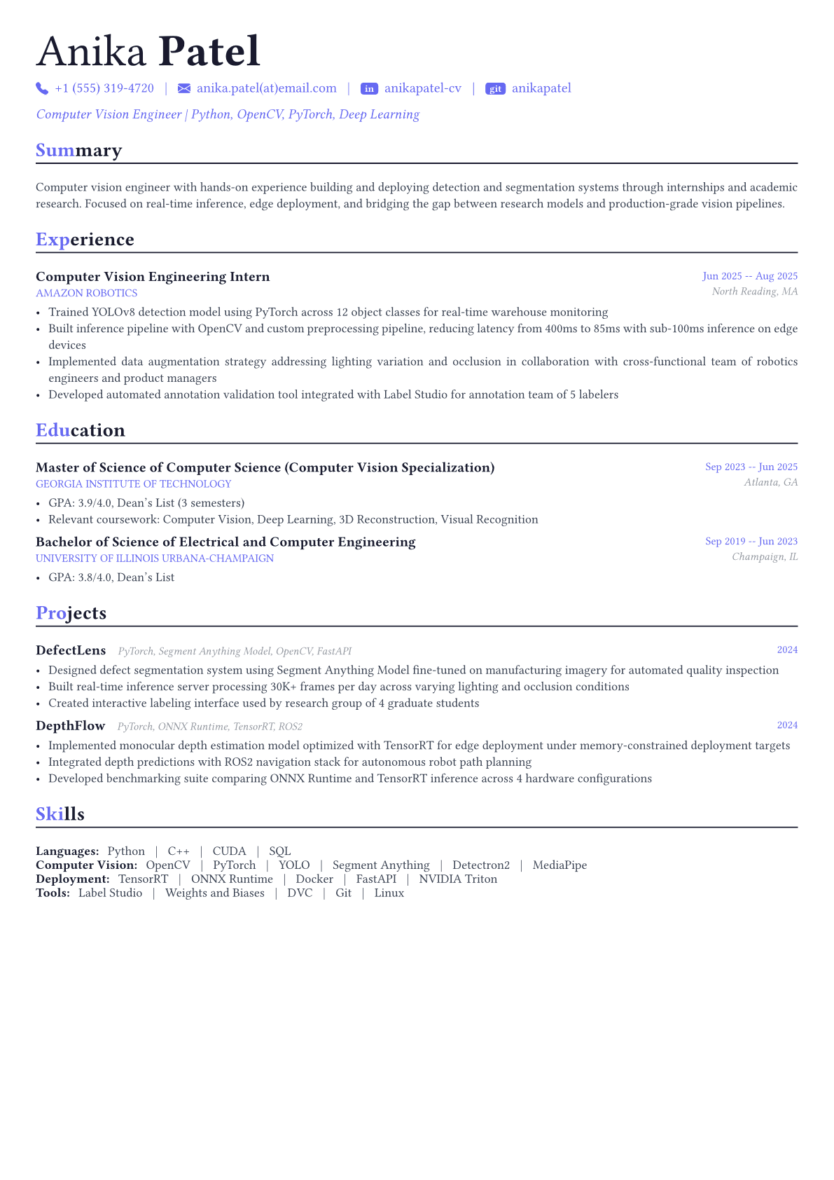 Computer Vision Engineer resume example